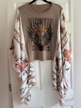 NASHVILLE ROAD TRIP Graphic Tee Custom Upcycled Poncho Kimono Sleeves OSFM BOHO